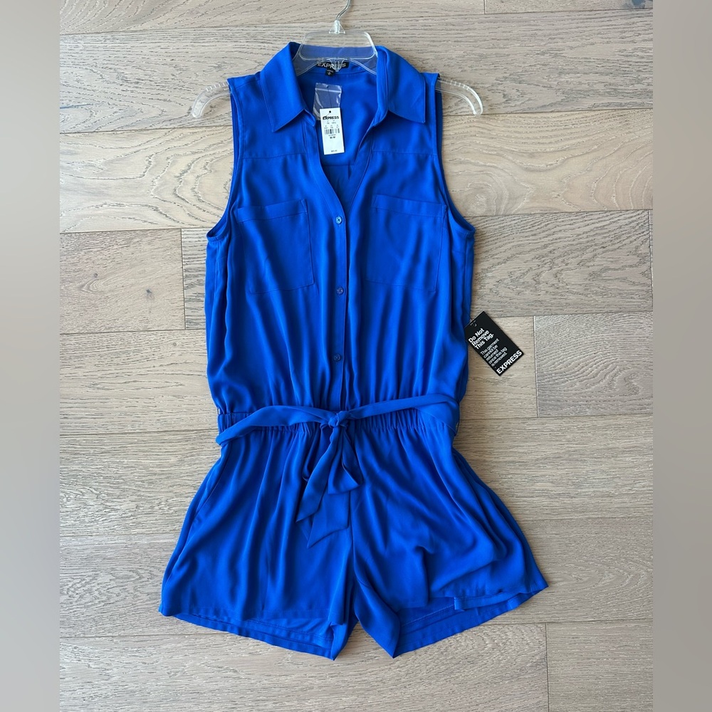 Express Blue Jumpsuit with V-Neck and Elastic Waist